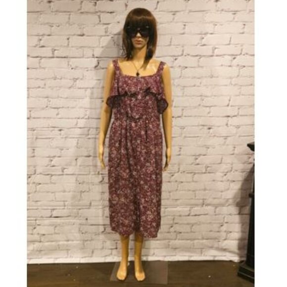 NWT!! BOBEAU - Burgundy sleeveless front ruffle floral dress - Picture 6 of 11